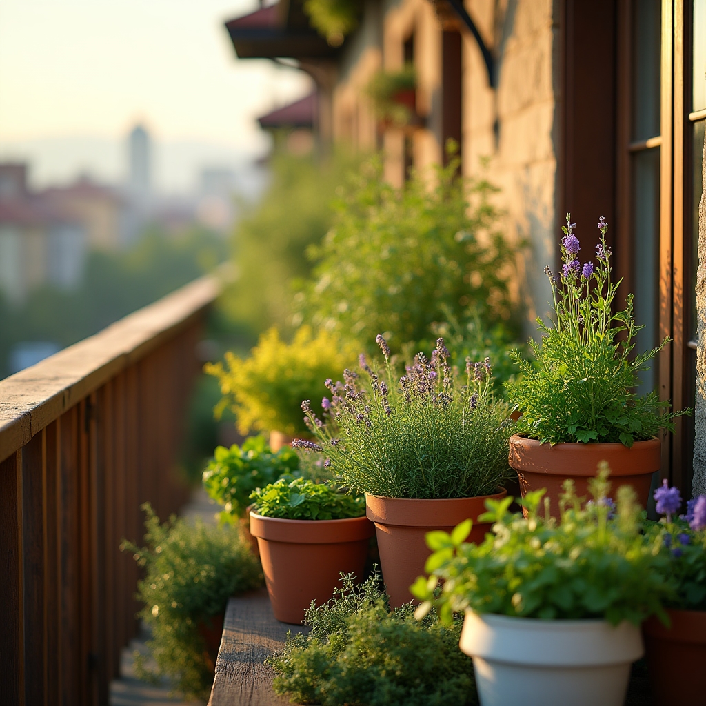 Balcon cu plante aromatice înflorite vara